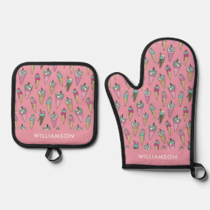 Roze Ijsje Kegel Ovenwant & Pannenlap Set