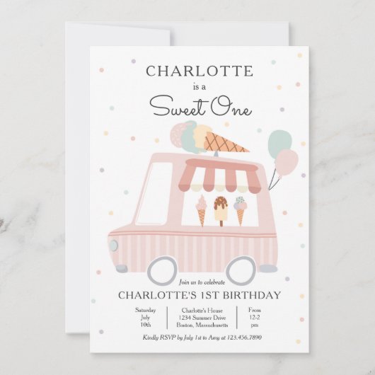 Roze ijskap roomwagen - Eén eerste verjaardag Kaart (Voorkant)