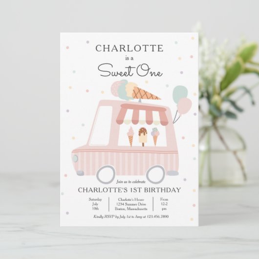 Roze ijskap roomwagen - Eén eerste verjaardag Kaart (Staand voorkant)