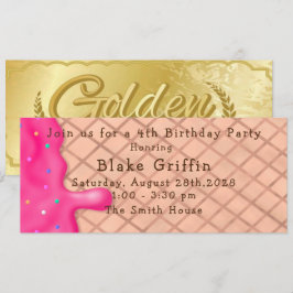 Roze ijskom Cream Golden Ticket Birthday Uitnodigi Kaart