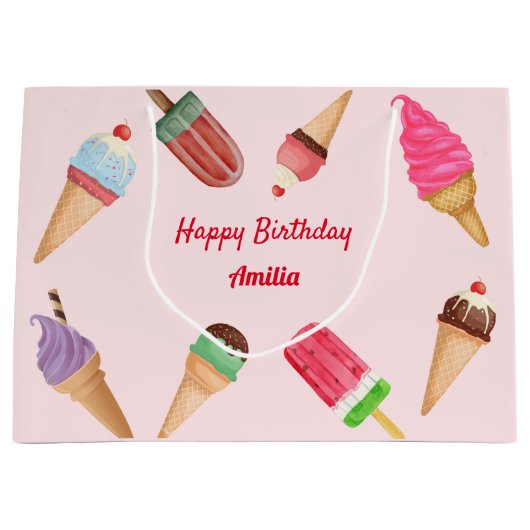 Roze ijskroomkraam, Birthday Baby shower Gift Bag Groot Cadeauzakje (Voorkant)