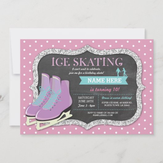 Roze ijsschaatsen Birthday Party Rink Schaats Uitn Kaart (Voorkant)