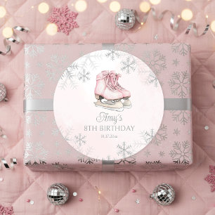Roze IJsschaatsen Verjaardag Zilver Glitter Sneeuw Ronde Sticker