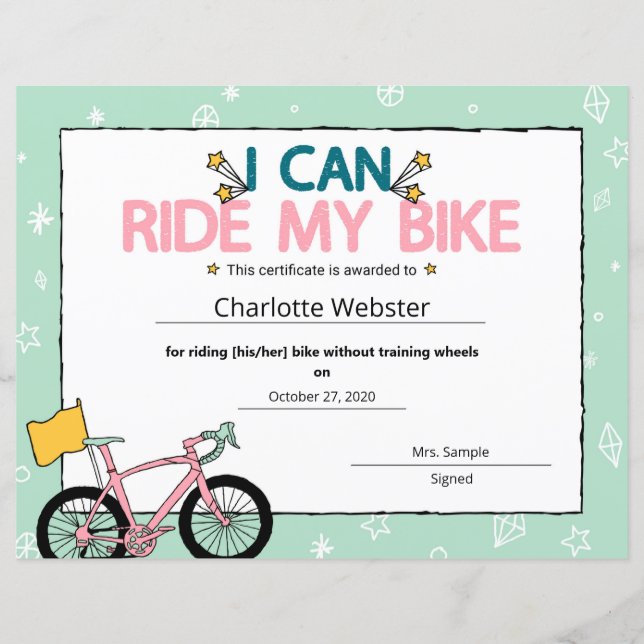 Roze ik kan mijn bike milestone-certificaat rijden (Voorkant)