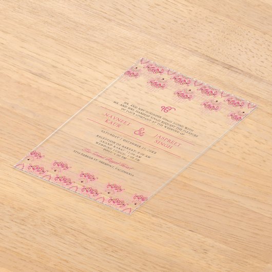 Roze Ikat grens Anand Karaj Sikh bruiloft Acryl Uitnodigingen (Laagn)