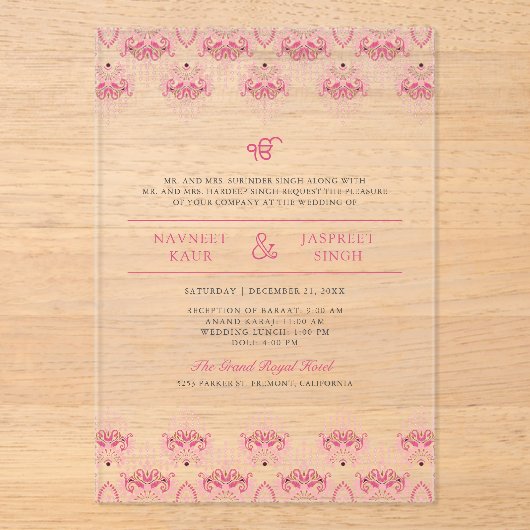 Roze Ikat grens Anand Karaj Sikh bruiloft Acryl Uitnodigingen (Voorkant)