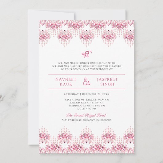 Roze Ikat grens Anand Karaj Sikh bruiloft Kaart (Voorkant)