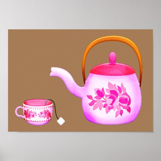 Roze  illustratie van de theepot poster (Voorkant)