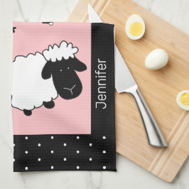 Roze Illustratie van Knuffelschaap met Initialen Theedoek