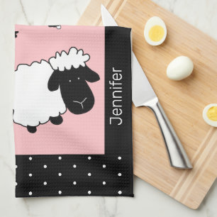 Roze Illustratie van Knuffelschaap met Initialen Theedoek