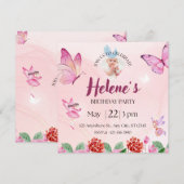 Roze Illustratieve Vlinder Verjaardag Uitnodiging (Voorkant / Achterkant)