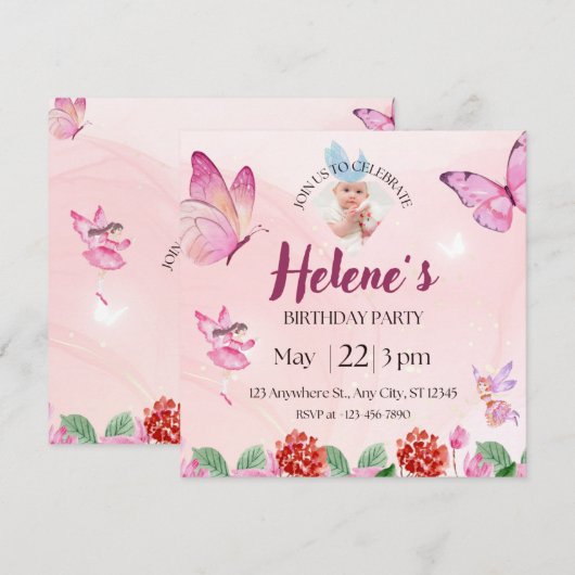 Roze Illustratieve Vlinder Verjaardag Uitnodiging (Voorkant / Achterkant)