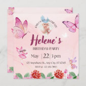 Roze Illustratieve Vlinder Verjaardagsuitnodiging Kaart (Voorkant / Achterkant)