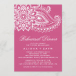 Roze Indiase Paisley Rehearsal Dinner Kaart<br><div class="desc">Deze roze Indiase paisleyrepetitie is perfect voor een moderne trouwrepetitie. Het ontwerp van de machine is voorzien van een prachtig bloemenhenna mandala en paisley motief op een roze achtergrond. Pas dit ontwerp aan de coördinatiestukken in het paarse,  turquoise,  roze en oranje in het Colorful Indian Paisley Wedding Collectie: https://www.zazzle.com/collections/119662428781277925</div>