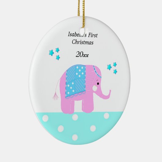 Roze Indische Olifantenbaby's Eerste Kerstmis Keramisch Ornament (Rechts)