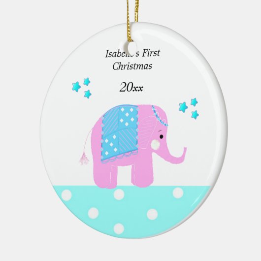 Roze Indische Olifantenbaby's Eerste Kerstmis Keramisch Ornament (Links)