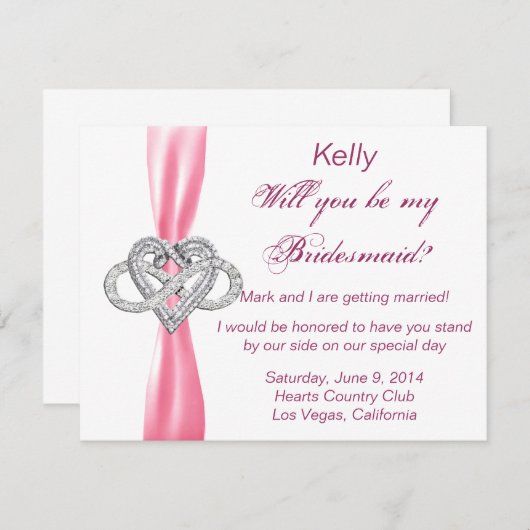 Roze Infinity Heart Bridesmaid Kaart (Voorkant / Achterkant)