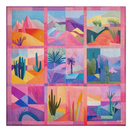Roze Ingelijste Desert Art Grid - Kleurrijke Geome Perfect Poster (Voorkant)