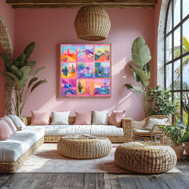 Roze Ingelijste Desert Art Grid - Kleurrijke Geome Perfect Poster