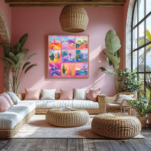 Roze Ingelijste Desert Art Grid - Kleurrijke Geome Perfect Poster