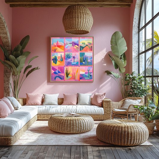 Roze Ingelijste Desert Art Grid - Kleurrijke Geome Perfect Poster