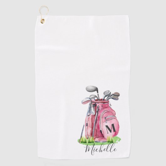 Roze Initiaal naam monogram Golfhanddoek (Voorkant)
