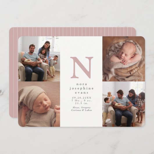 Roze initiaal vier foto-collage aankondiging (Voorkant / Achterkant)