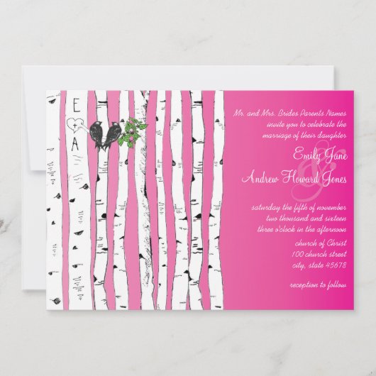 Roze Initialen in Birch Tree Wedding Invitations Kaart (Voorkant)