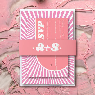 Roze initialen retro groovy 70s geïnspireerd bruil uitnodigingen wikkel