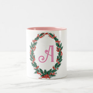Roze initiële letter A versierde groene krans Tweekleurige Koffiemok