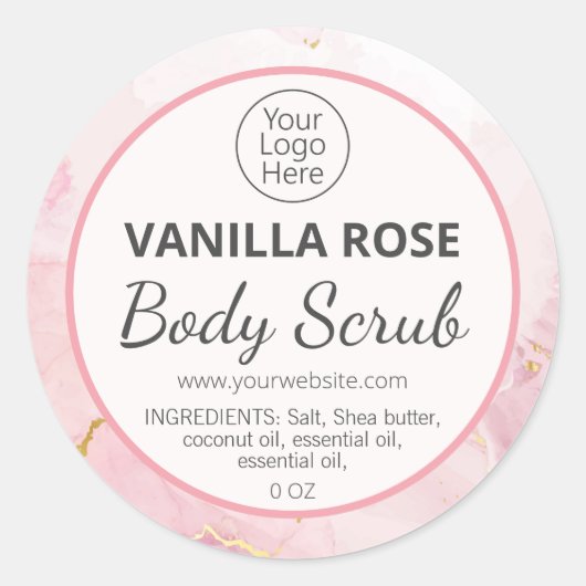 Roze inkt body scrub productlabels ronde sticker (Voorkant)