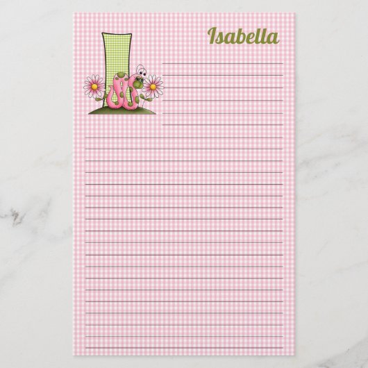 Roze inktworm Mongram Letter I Lined Stationery Briefpapier (Voorkant)