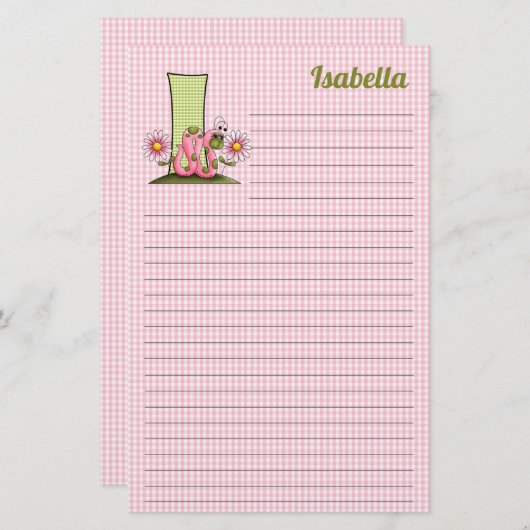 Roze inktworm Mongram Letter I Lined Stationery Briefpapier (Voorkant / Achterkant)