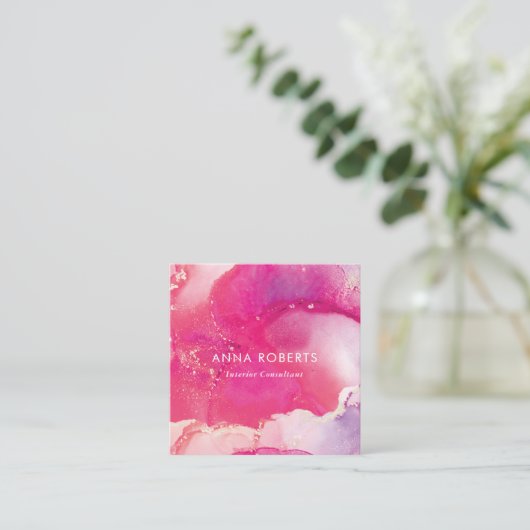 Roze Inky vierkant visitekaartje (Staand voorkant)