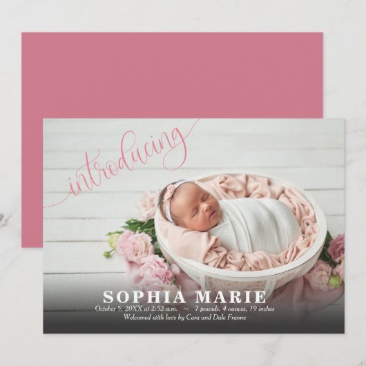 Roze inleiding Baby Foto geboorteaankondigingen (Voorkant / Achterkant)