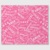 Roze inpakpapier met meertalige liefdestekst (Vlak)