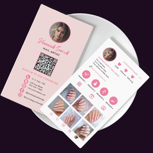 Roze Instagram Stijl QR Code Nail Artist Visitekaartje