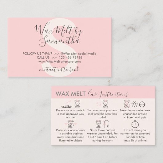 Roze instructies voor wasdrogen visitekaartje (Voorkant / Achterkant)