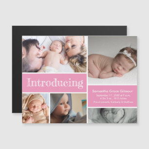 Roze Introductie van Baby Girl Fotocollage Magnetische Uitnodiging