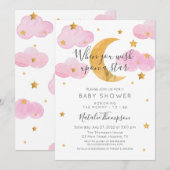 Roze Invitación Luna y las Baby shower Kaart (Voorkant / Achterkant)