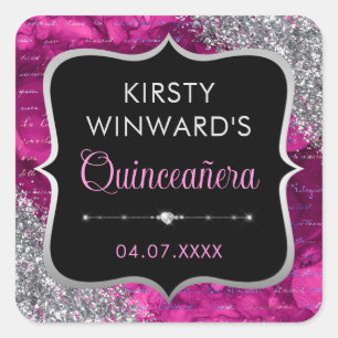 Roze iriserende glitter letters Quinceanera Vierkante Sticker