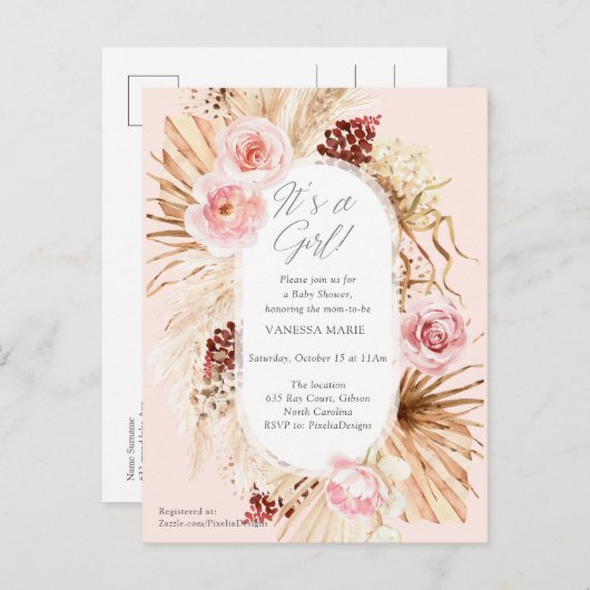 Roze is een meisje boho waterverf bloemenpampa's uitnodiging briefkaart (Voorkant / Achterkant)