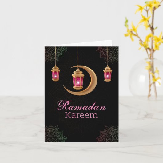 Roze islamitische lamp Eid Mubarak Kaart (Gele Bloem)