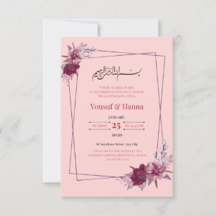 Roze islamitische trouwuitnodiging met bloemen kaart