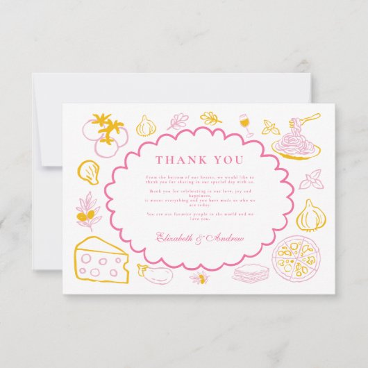 Roze Italiaans eten bruiloft schets Bedankkaart (Voorkant)