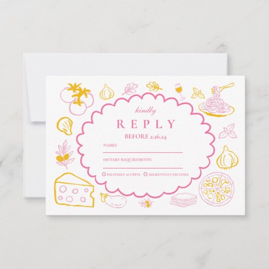 Roze Italiaans eten bruiloft schets RSVP Kaartje (Voorkant)