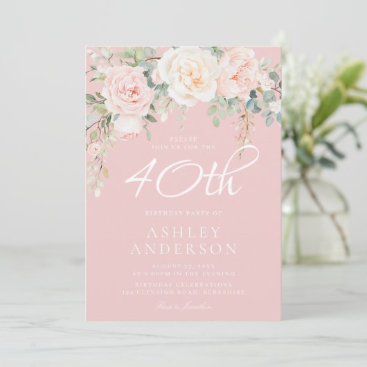 Roze & Ivoire Bloemen Vrouw 40e Verjaardagsfeest Kaart (Staand voorkant)