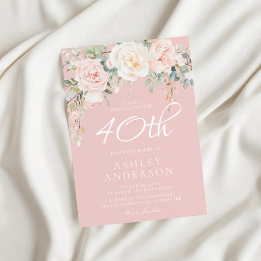 Roze & Ivoire Bloemen Vrouw 40e Verjaardagsfeest Kaart