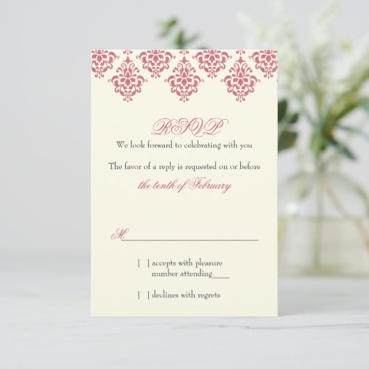 Roze Ivoor Arabesk Damast Bloem Bruiloft RSVP Kaart (Staand voorkant)
