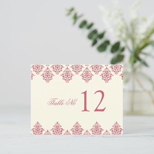 Roze Ivoor Arabesque Damask Tafelnummer Kaart (Staand voorkant)